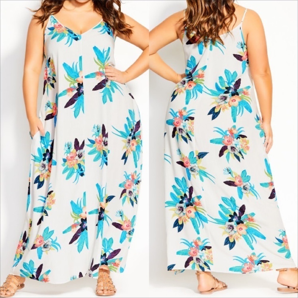 City chic MAXI V‎ ELBA tropical floral sleeveless sheath dress